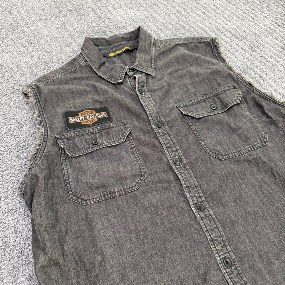 🔥 Harley Davidson Sleeveless Denim Shirt Men’s XXL Biker Motorcycle Button Up